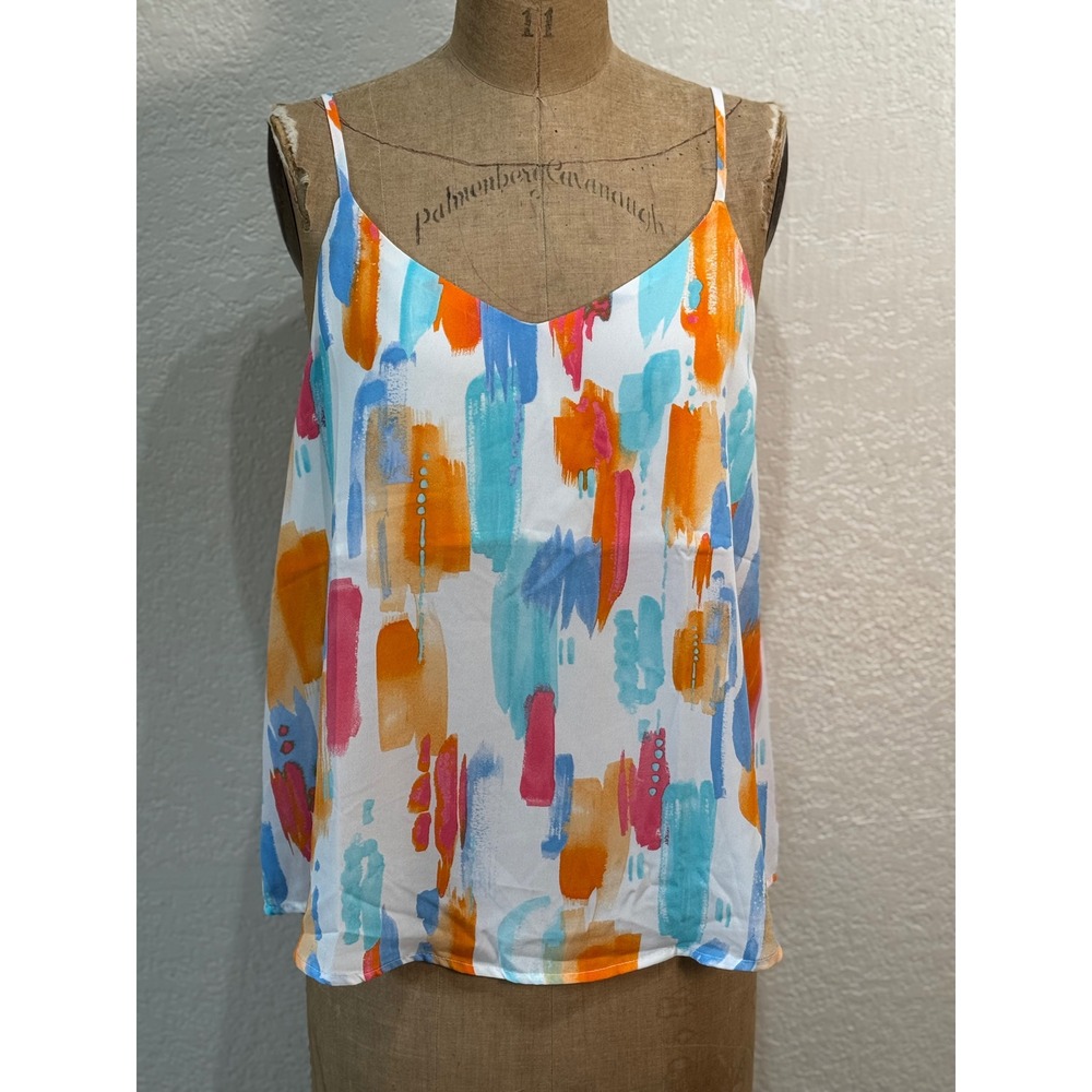 MINE Women Colorful Abstract Brushstroke V-Neck Cami Tank Top Large NWT